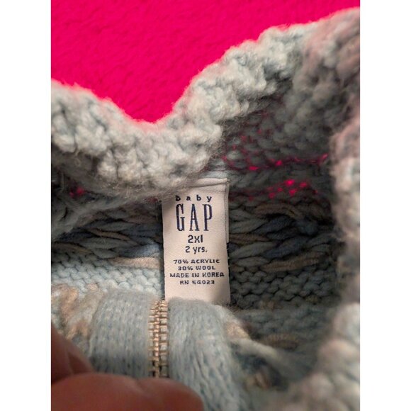 Vintage Baby GAP 2XL 2T Blue Wool Blend Knit Zip Sweater Fair Isle Snowflake - Picture 4 of 5